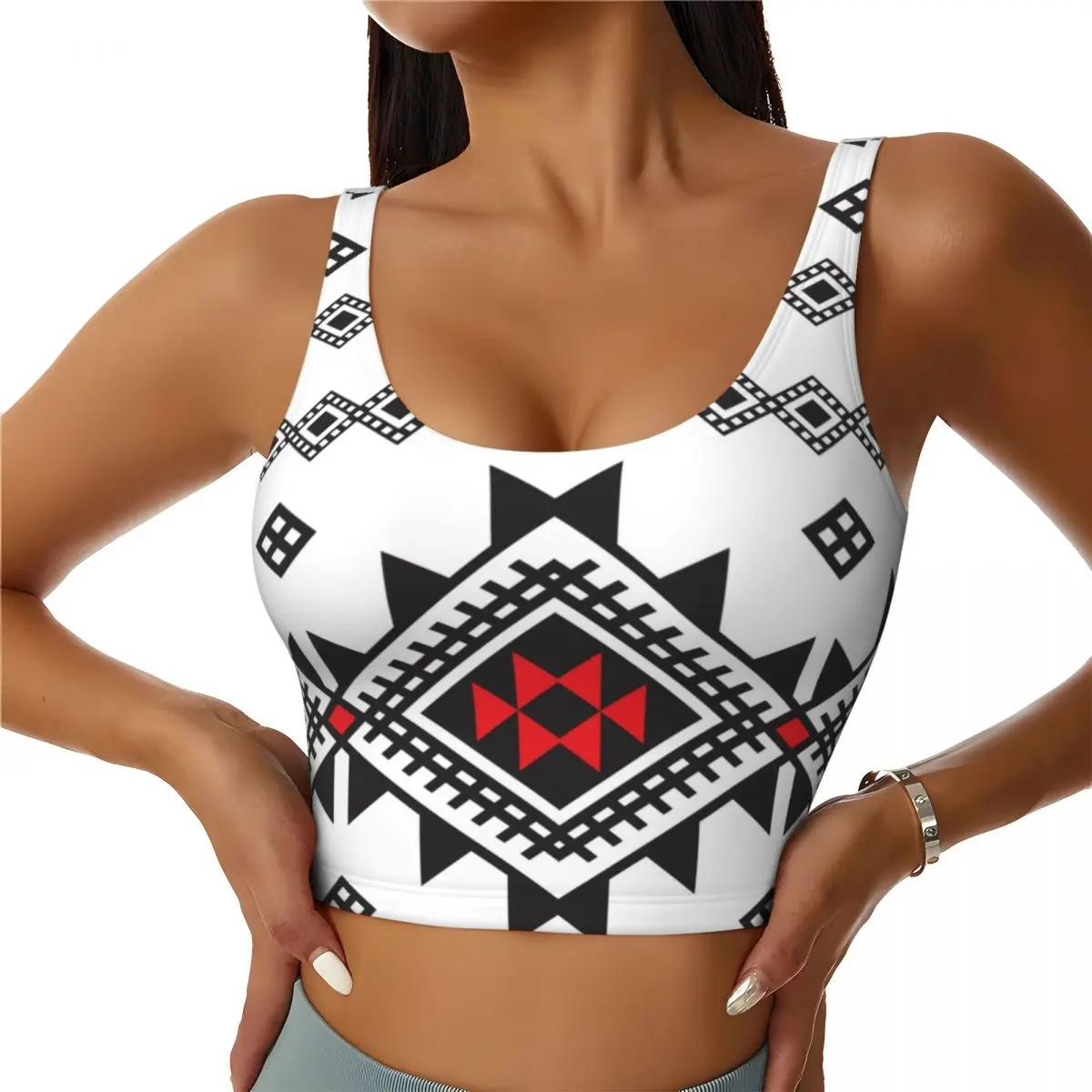 

Custom Kabyle Amazigh Carpet Sports Bra for Women Africa Geometric Morocco Style High Impact Workout Yoga Crop Top