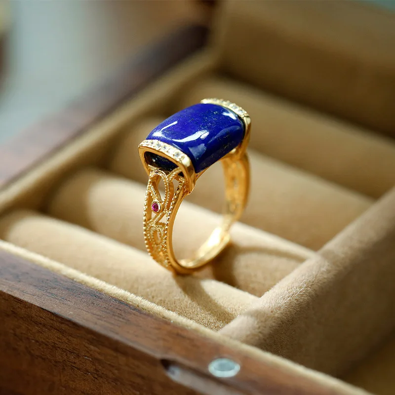 

S925 Silver Plated Gold Inlaid Natural Lapis Lazuli Saddle Ring Auspicious Cloud Antique Pattern Adjustable Female Ring