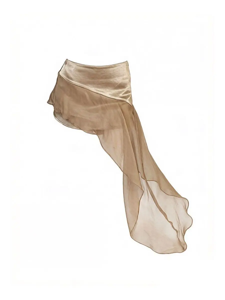 Caramel Satin Patchwork  Skirt Low Waist Bodycon Oversized American Sexy Girl Style Pure Desire Asymmetrical Skirt