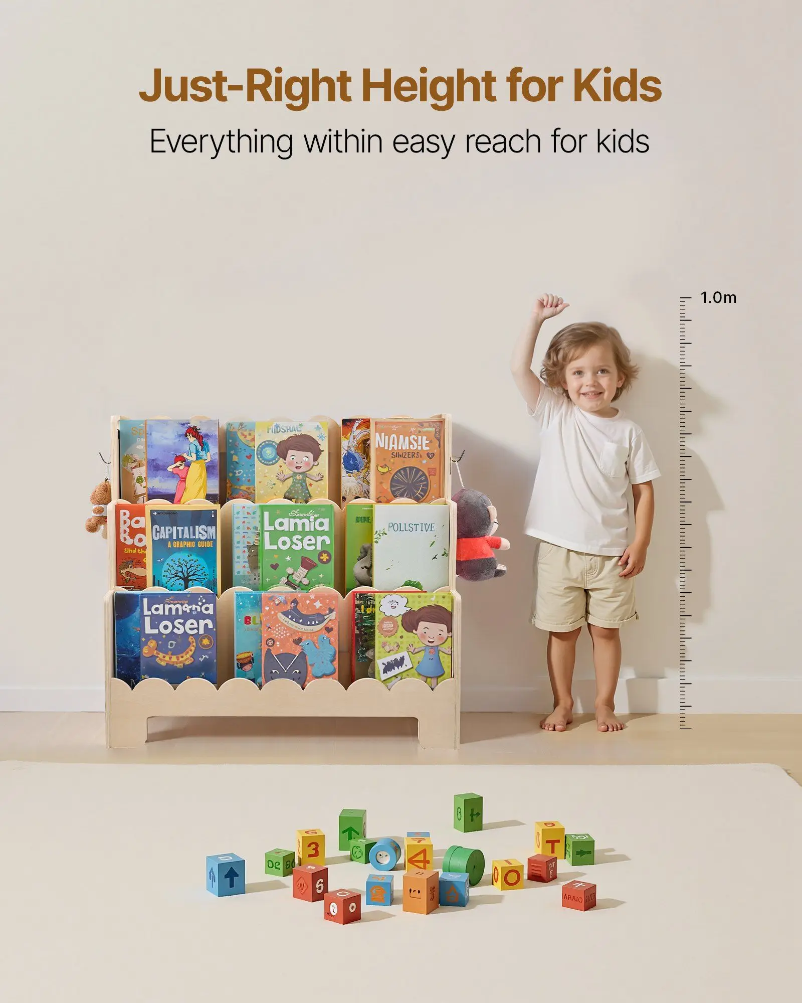 3段モンテッソーリ本棚、波型デザインの前面、幼児用本棚、子供部屋、保育園、幼稚園用のデュアルフック付き