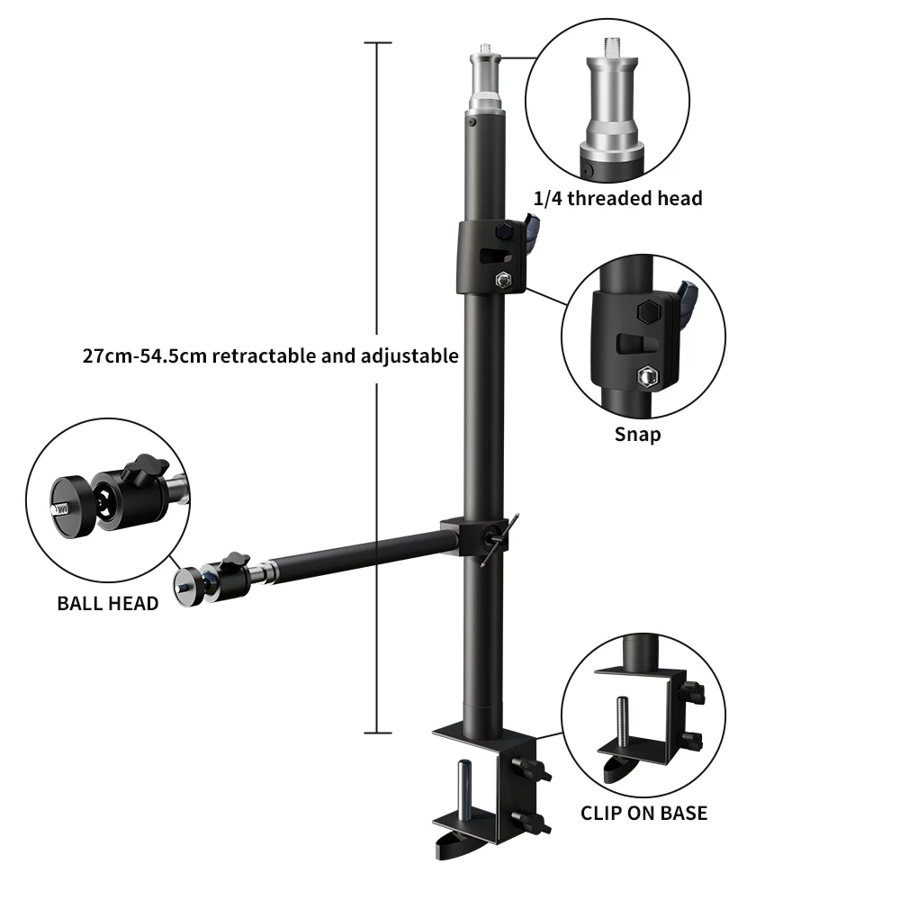 Desk Mount C-Stand With Flexible Auxiliary Holding Arm Overhead Camera Webcam Table C-Clamp Ring Light Bracket