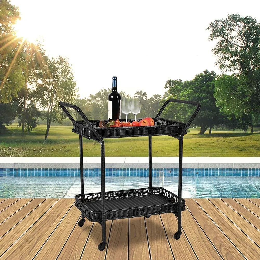 Wicker Patio Serving Cart Steel Frame Durable Outdoor Rolling Cart All Weather Synthetic Resin Wicker Easy Clean Simple Assembly