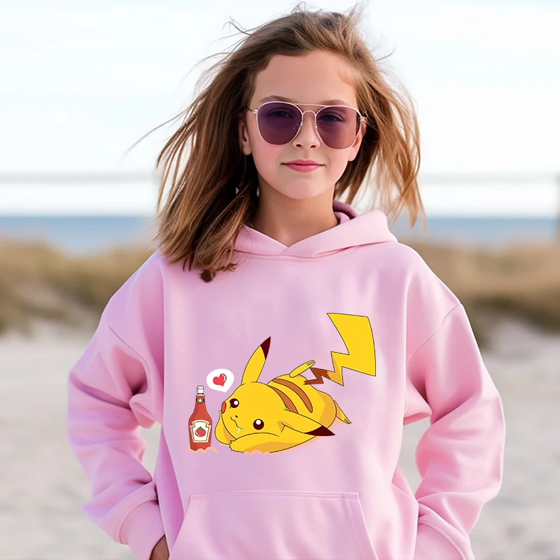 Pokemon print kids hoodie autumn and winter sweatshirt pink casual top for girls