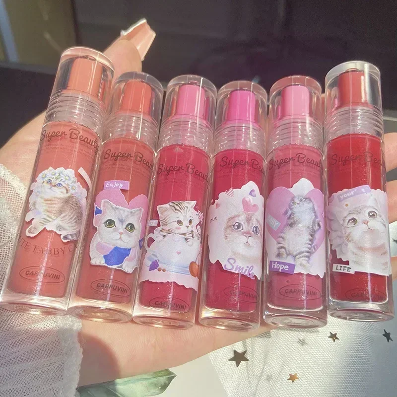 6Colors Cute Cat Lipgloss Lips Essence Jelly Lip Glaze Moisturizer Mirror Water Light Lipsticks Red Lip Tint Liquid Lip Oil Balm