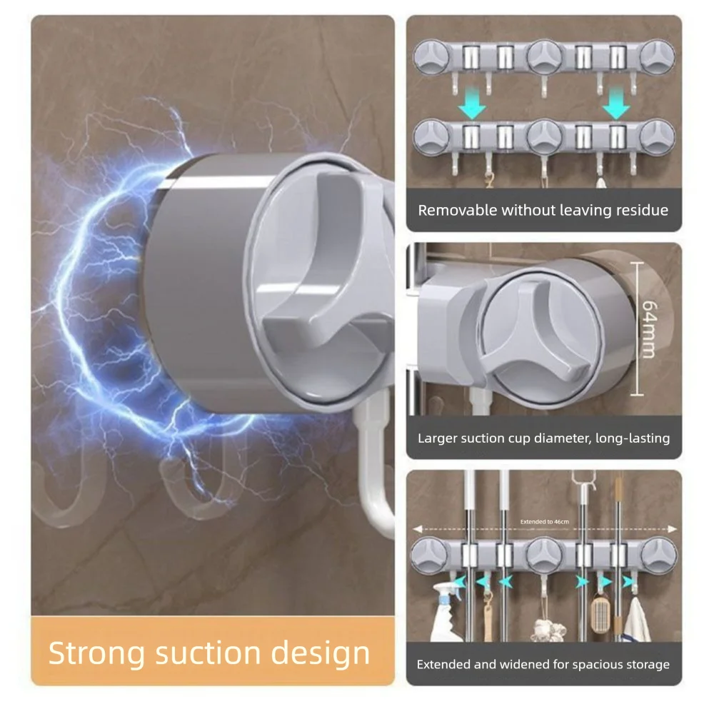 Soporte para fregona con ventosa de 4 posiciones, 5 ganchos, fuerte Clip fijo para fregona montado en la pared, reutilizable con gancho, soporte de montaje en pared con succión