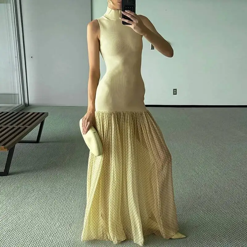 Frühling Casual Rollkragen Patchwork Mesh Frauen Sexy Polka Dot Print Lose Lange Sommer Ärmellose Tank Maxi Kleid