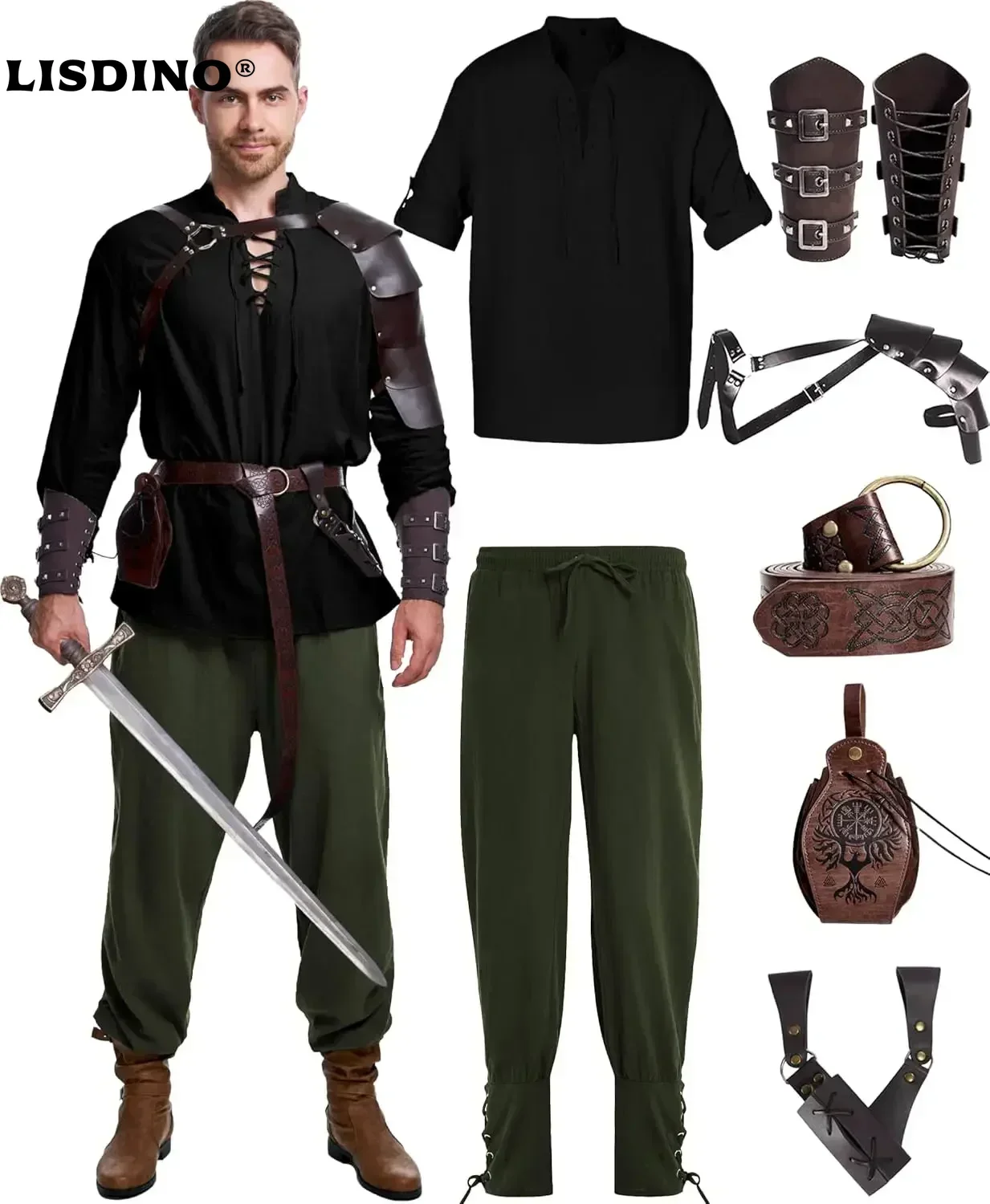 

8 Pcs Men's Renaissance Costume Halloween Medieval Pirate Shirt Pant Viking Costume Accessories Set