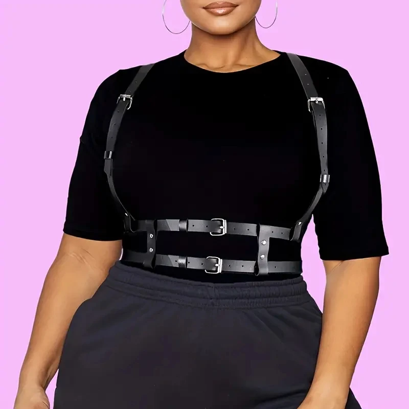 

Plus Size Adjustable Body Chain Punk Harness Belt Black Hollow Out Pu Waistband Party Rave Suspenders For Women