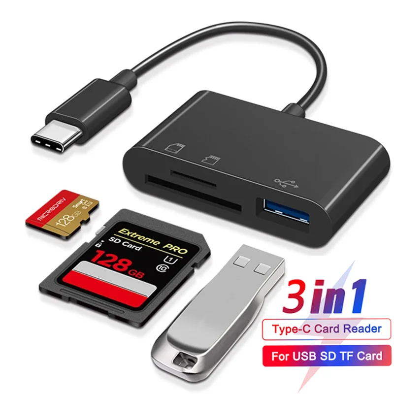 Microadaptador 3 en 1 tipo C, lector de tarjetas de memoria SD TF CF, USB-C para Macbook, Huawei, Samsung, Xiaomi, escritor OTG, Flash compacto