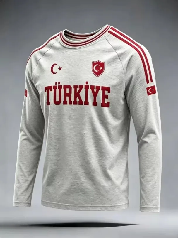 2026 Neues Herren-Fußballtrikot mit langen Ärmeln, Türkei-Print, weiß-rot gestreiftes Fußballshirt, lässiges Sport-Trainingsoberteil, Fan-Trikot – Detail 4