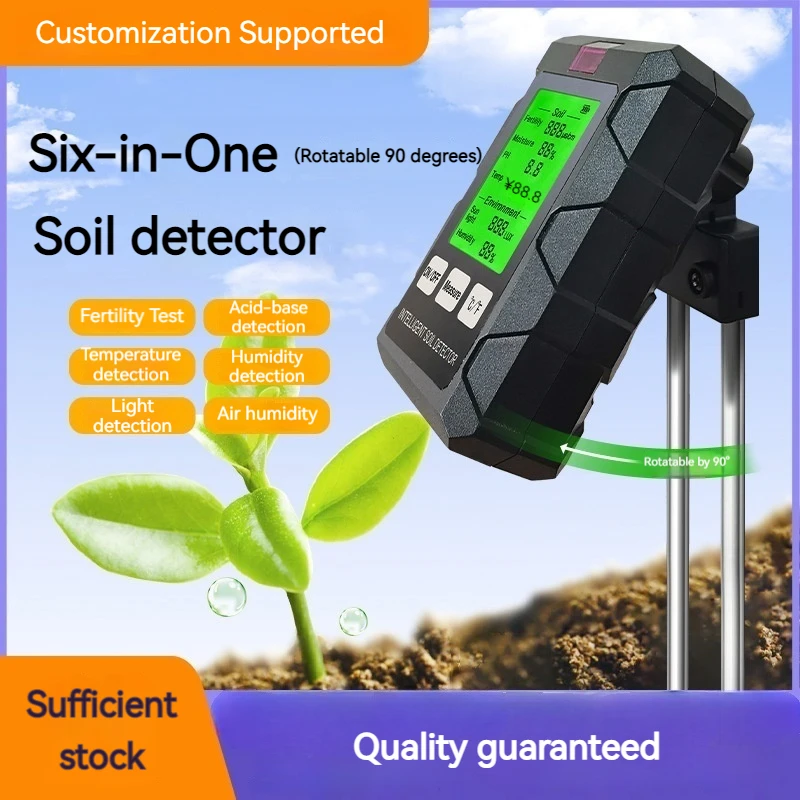 Soil Tester 6-in-1 Rotating Probe PH Moisture Temperature Sunlight Fertility Meter