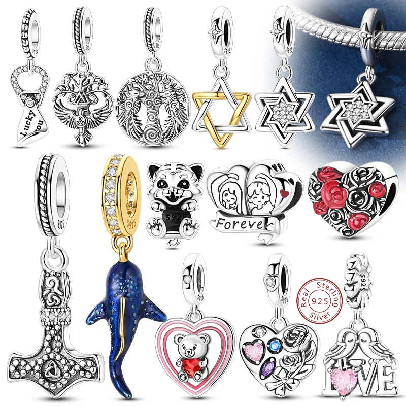 

New 925 Sterling Silver Original Charms Beads Heart Rose Couple Hexagram Rune Charms Fit Bracelets Woman Man DIY Jewelry Gift