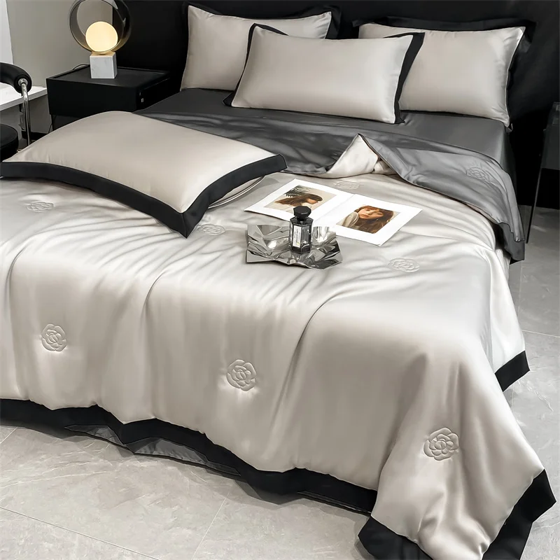 4Pcs High-end Light Luxury Ice Silk Summer Quilt Cool Air-Conditioning Blanket 2025 New Bedding Machine Washable For Summer
