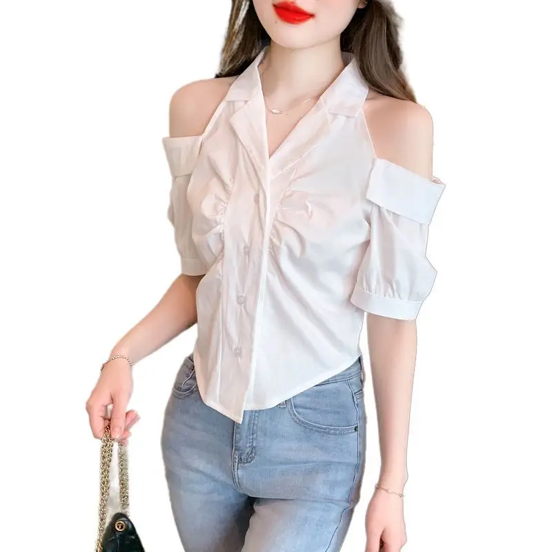 Summer New Temperament Elegant Turn-down Collar Off Shoulder Tops Korean Versatile Fashion Short Sleeve Shirts Women Clothing