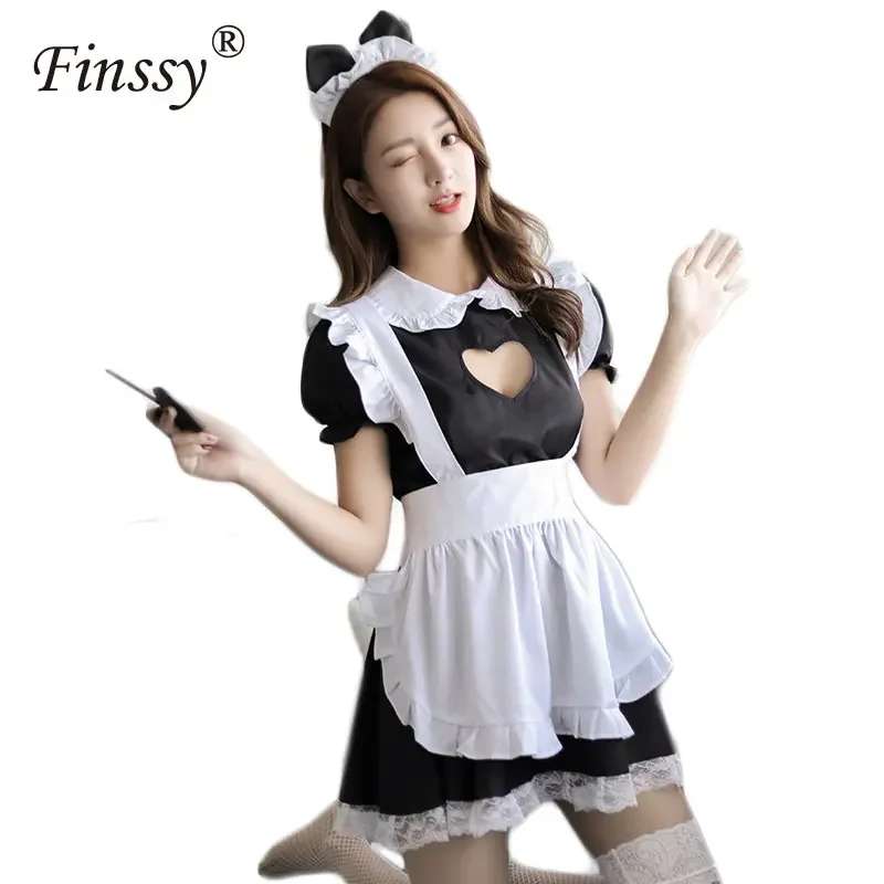 Vestido de empregada com recorte de coração gato para mulheres, uniforme preto, fantasia Lolita Cosplay, restaurante garçom, fofo, 2 estilos, café