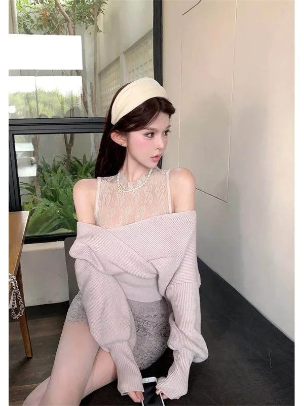 

Женский кружевной комплект с одним открытым плечом, весенний, модный, повседневный, с шортами с высокой талией, для фигуры типа «груша», укороченный, с длинными рукавами