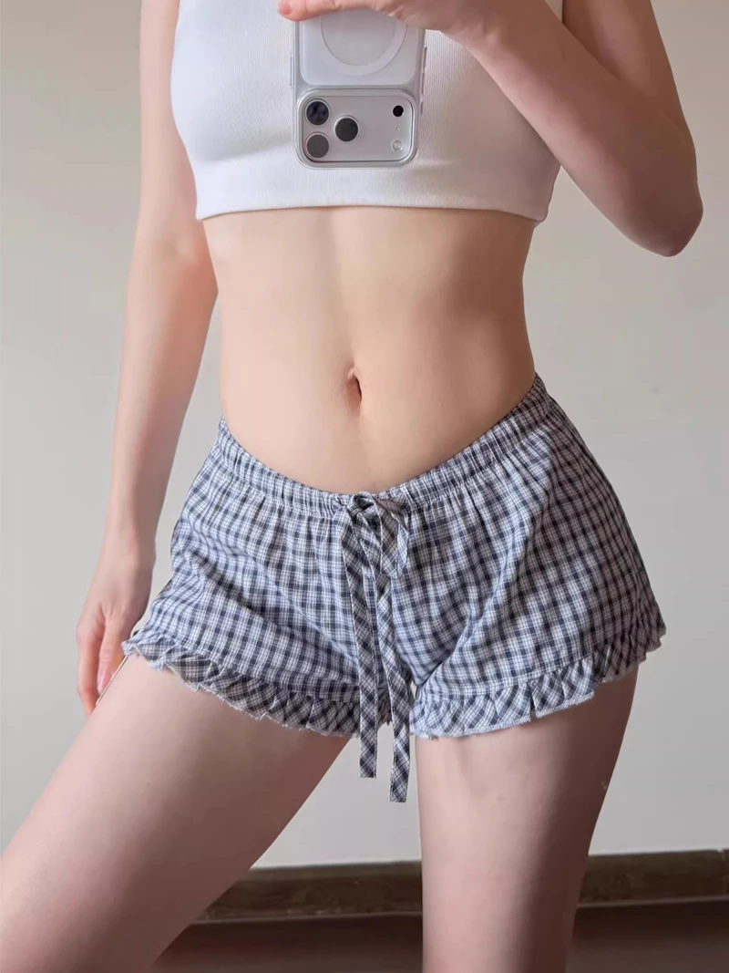 Women's Plaid Pajama Shorts With Adjustable Drawstring And Ruffles
