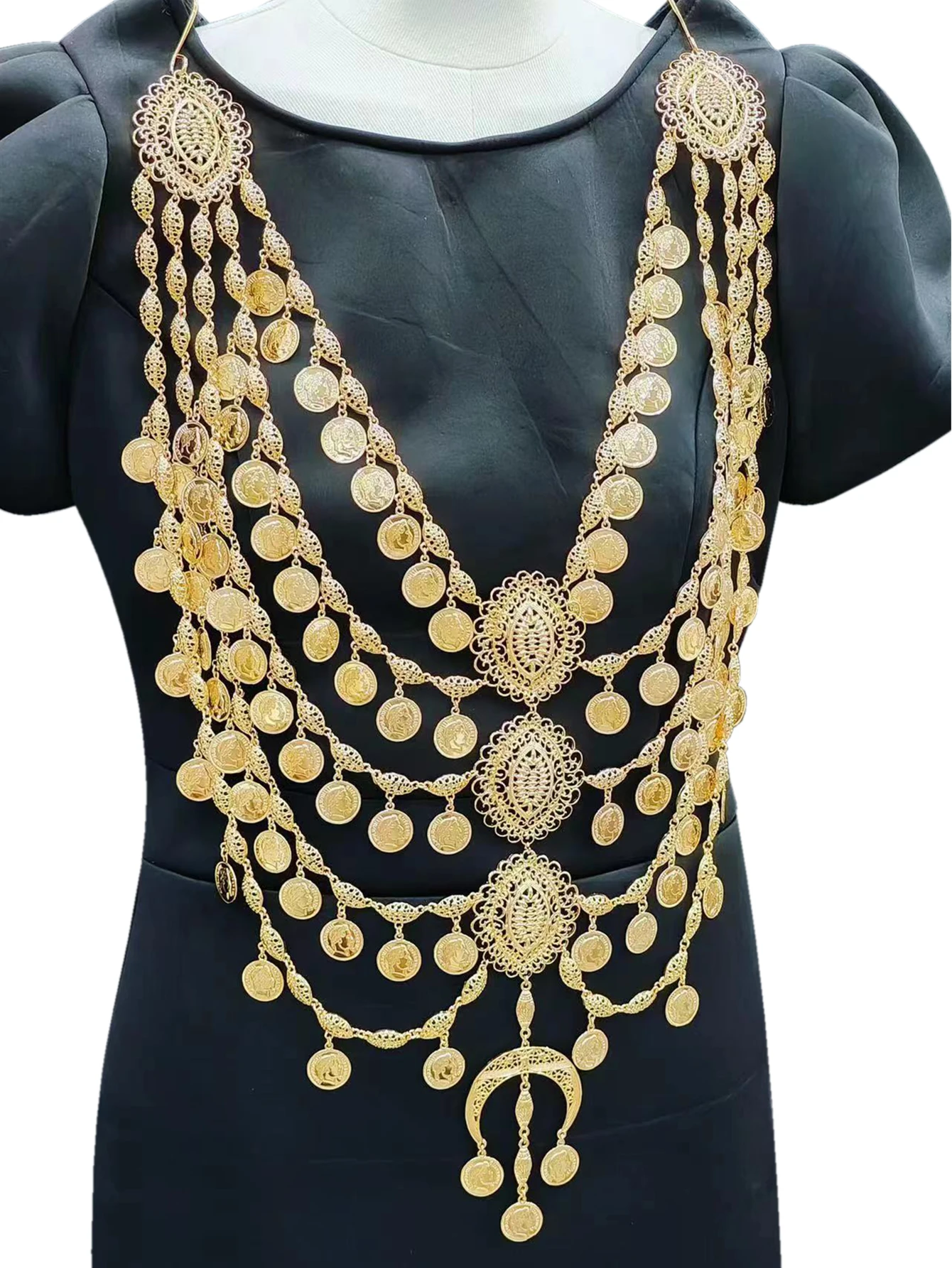 New Algerian Bridal Jewelry Multi Chain Full Handmade Coin Large Necklace Head Chest Chain Arab Wedding Dress Body Jewelry