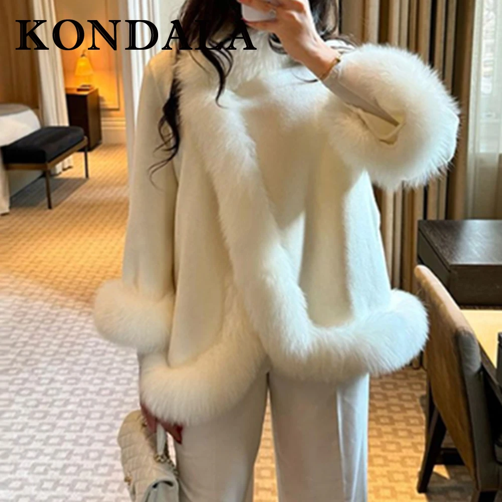 

KONDALA Fashion Solid 2025 Autumn Winter Vintage Women Fur Collar Coat Pockets Button White Coat Casual Female Woolen Overcoat