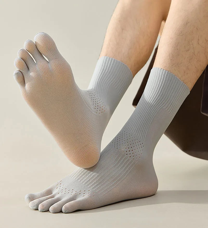 Summer Ultra-thin Breathable Hollow Out Mesh Five Toe Socks For Men High Stretchy 5 Fingers Middle Tube Socks Split Toe Socks