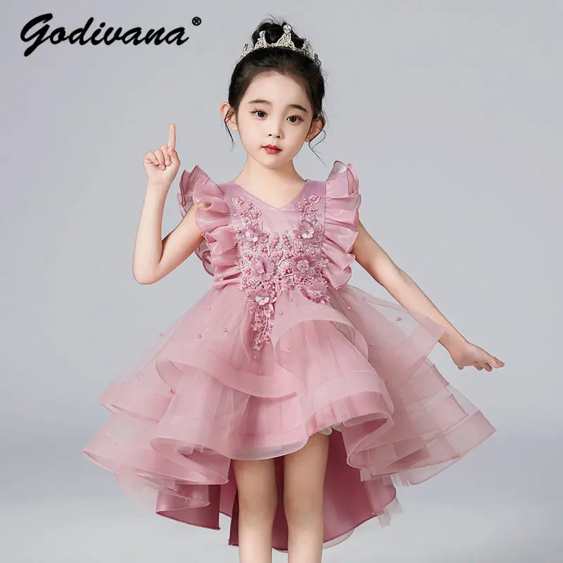 Baby Girls High End Luxury Birthday Party Princess Dress Kids Sweet Feifei Sleeve Pearls Floral Tulle Wedding Flower Girls Dress