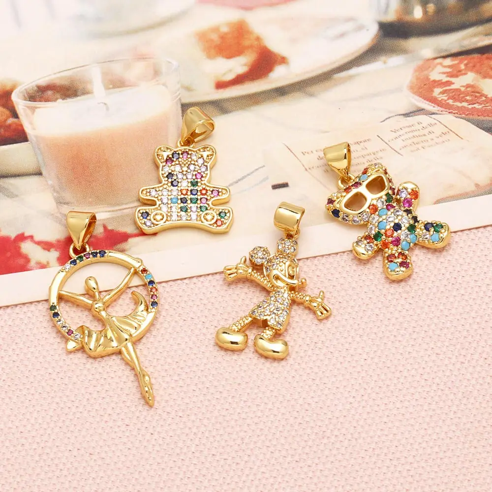 OCESRIO Fashion Multicolor Crystal Cute Bear Pendant for Necklaces Copper Gold Plated Dancer accesorios de joyería pdtb718