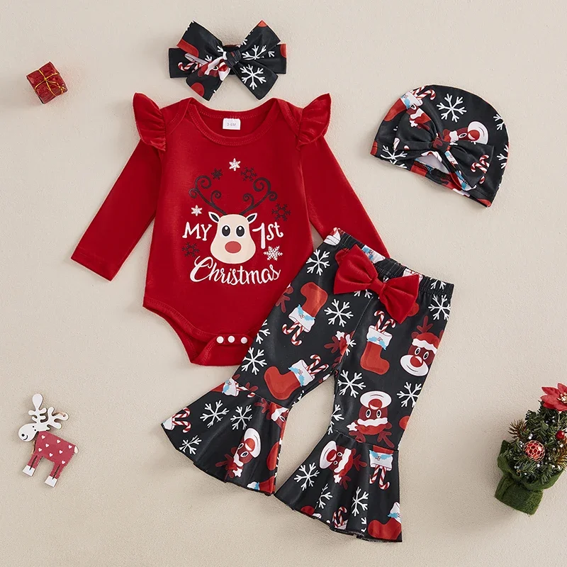 SUNSIOM Baby Girls Christmas Outfits Elk Print Long Sleeves Romper and Elastic Flared Pants Headband Hat Set 4 Piece Clothes