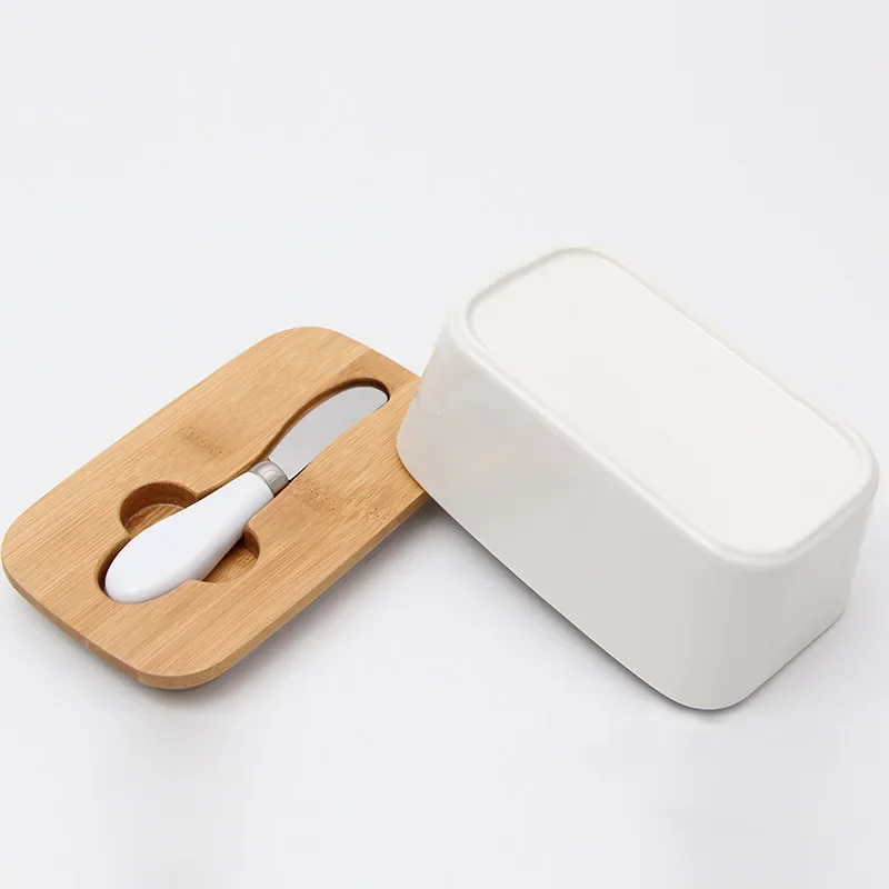 MLIA Nordic Butter Sealing Box,Ceramic  Plate with Wood Lid and Knife,Cheese Storage Tray  Dish Container Box, White