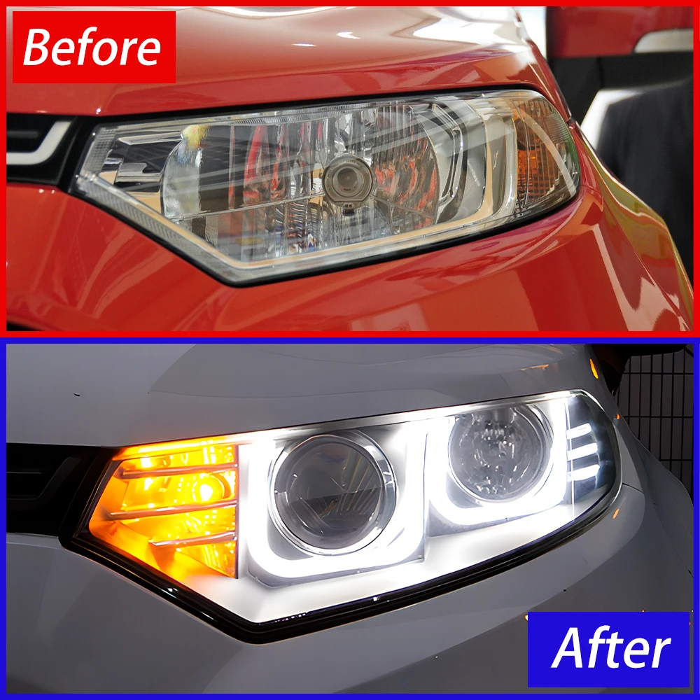 For Ford EcoSport MK2 2013‑2017 Upgrade Double U LED DRL Headlights Assembly Projector Lens Plug and Play Auto Car Accessories