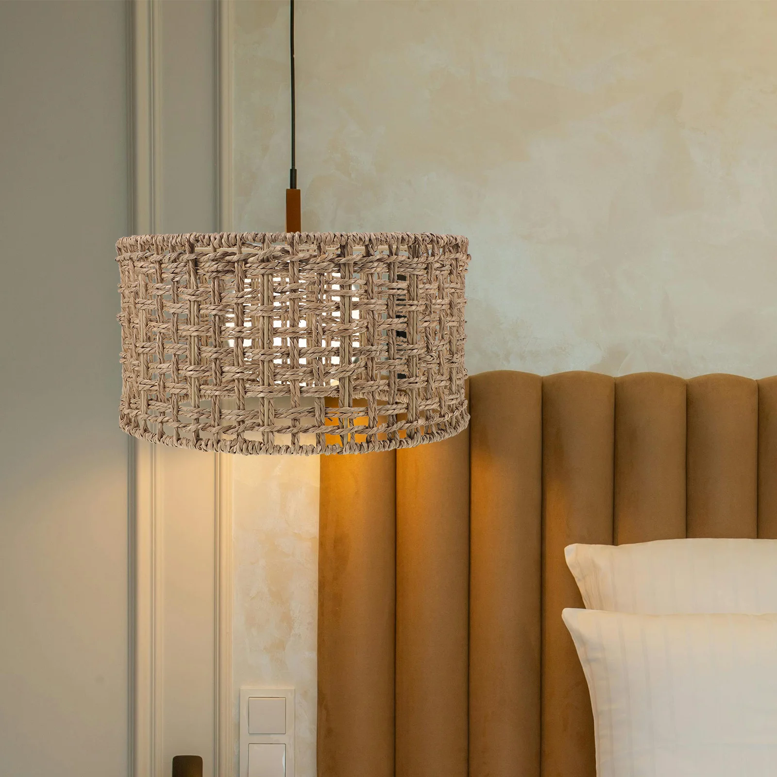 

Woven Water Grass Lamp Shade Handmade Breathable Pendant Light Cover for Living Room Bedroom Ceiling Fixture, Vintage Drum
