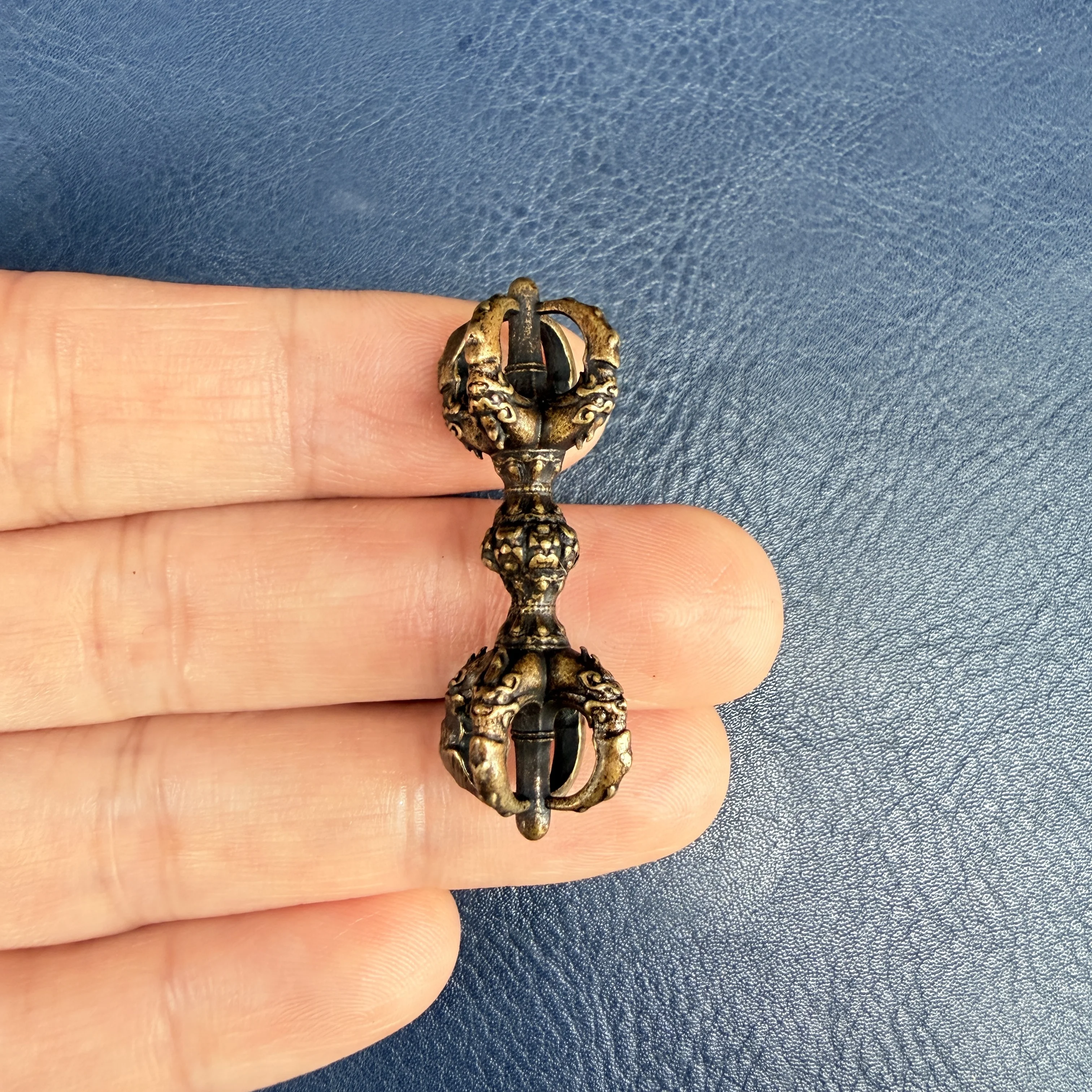 Mini Four-Pronged Vajra Dorje Pendant, Antique Brass Tibetan Buddhist Ritual Amulet Charm