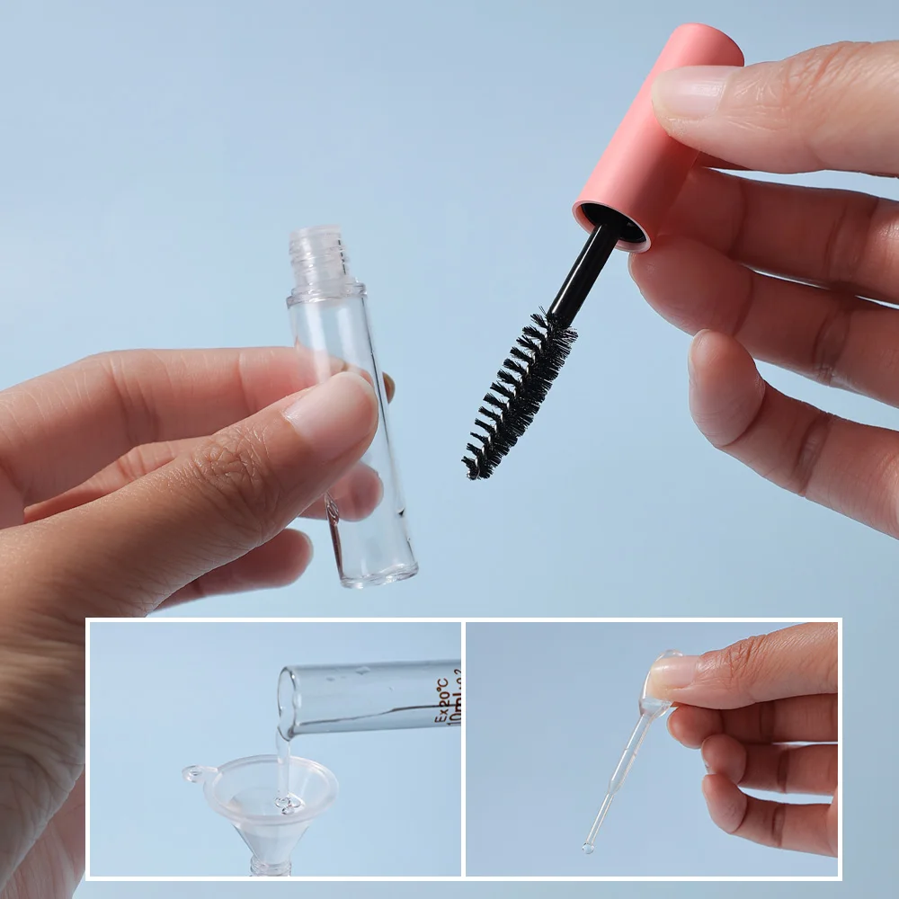 10個 5ml ピンクキャップ 空のマスカラ詰め替えボトル 10個の漏斗と10個のスポイト付き - マスカラ、ブロウジェル、アイライナー用の漏れ防止