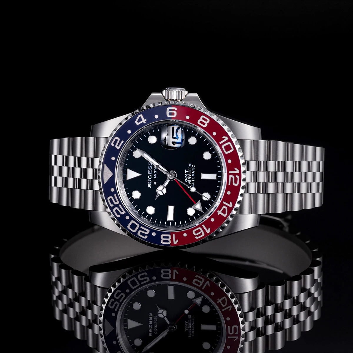 Sugess GMT Diving Watch of Men Automatic Mechanical Waterproof Wristwatches Japan NH34 Movement Ceramic Bezel Jubille Band New