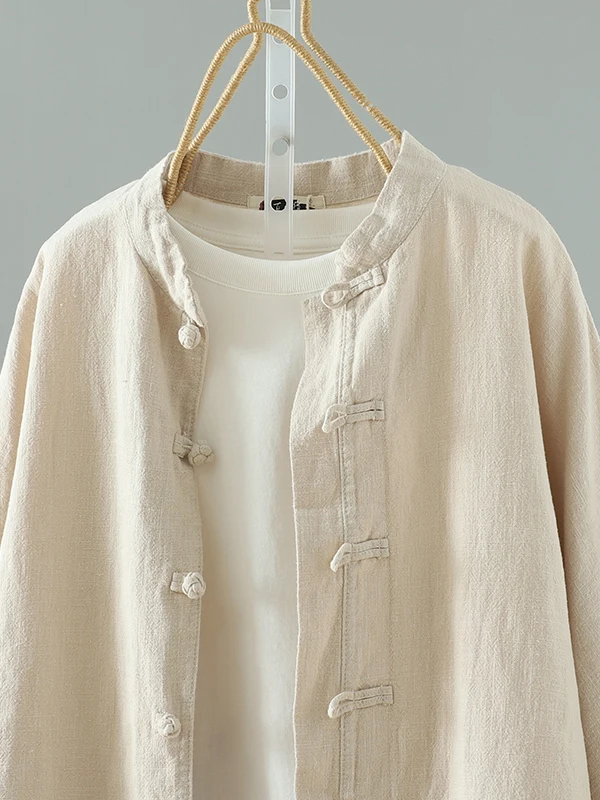 レトロスタイルの女性用コットンリネンルーズフィットシャツカジュアルアウターウェア長袖ボタンアップ茶道服芸術的な禅スタイル