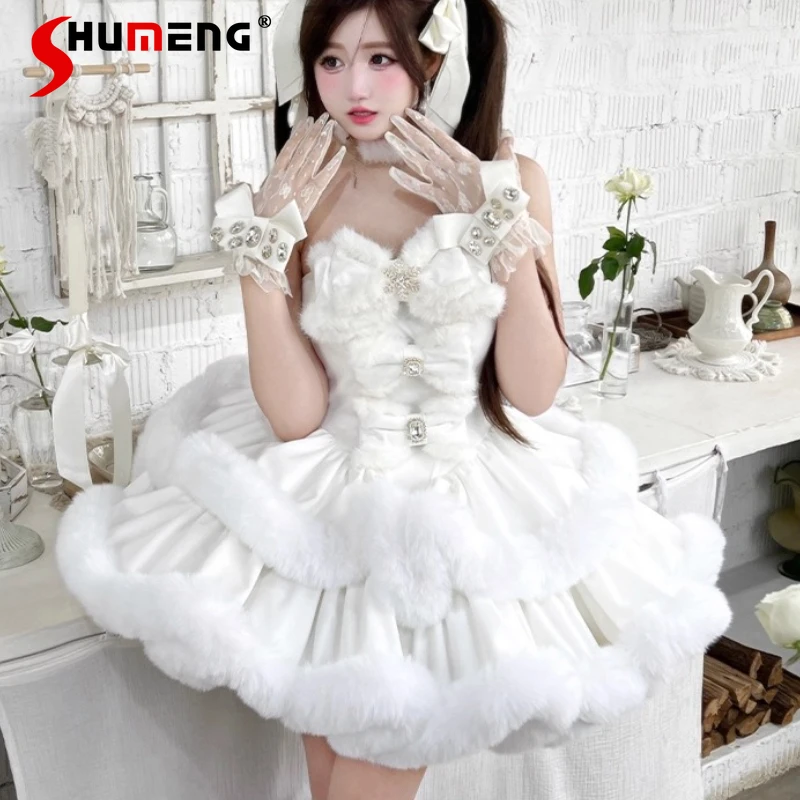 

Christmas Sweet Lolita White Plush Dresses Winter Girl's Women Slim Fit Elegant Puffy Dress Princess Birthday Party Mini Dress