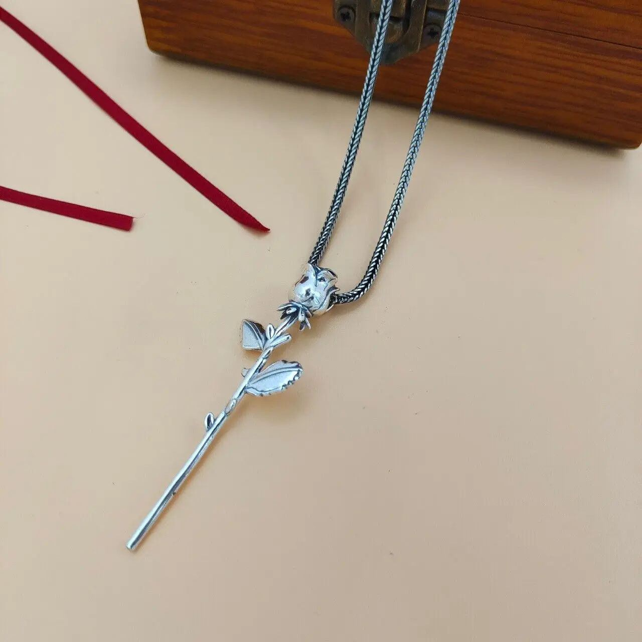 Real 925 Sterling Silver Rose Lovely Pendant 60mm H