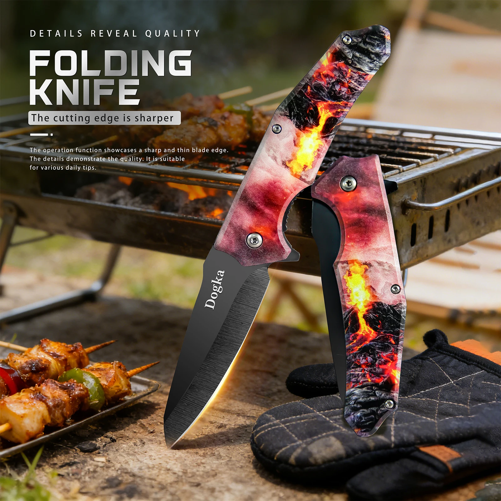 Folding Pocket Knife with Trendy Lava Flame Pattern Handle, Sharp and Wear-Resistant Pointed Blade, Portable Multi-Functional Folding Tool for Outdoor Trips, Package Opening, Paper Cutting and Camping, Ideal Gift for Friends