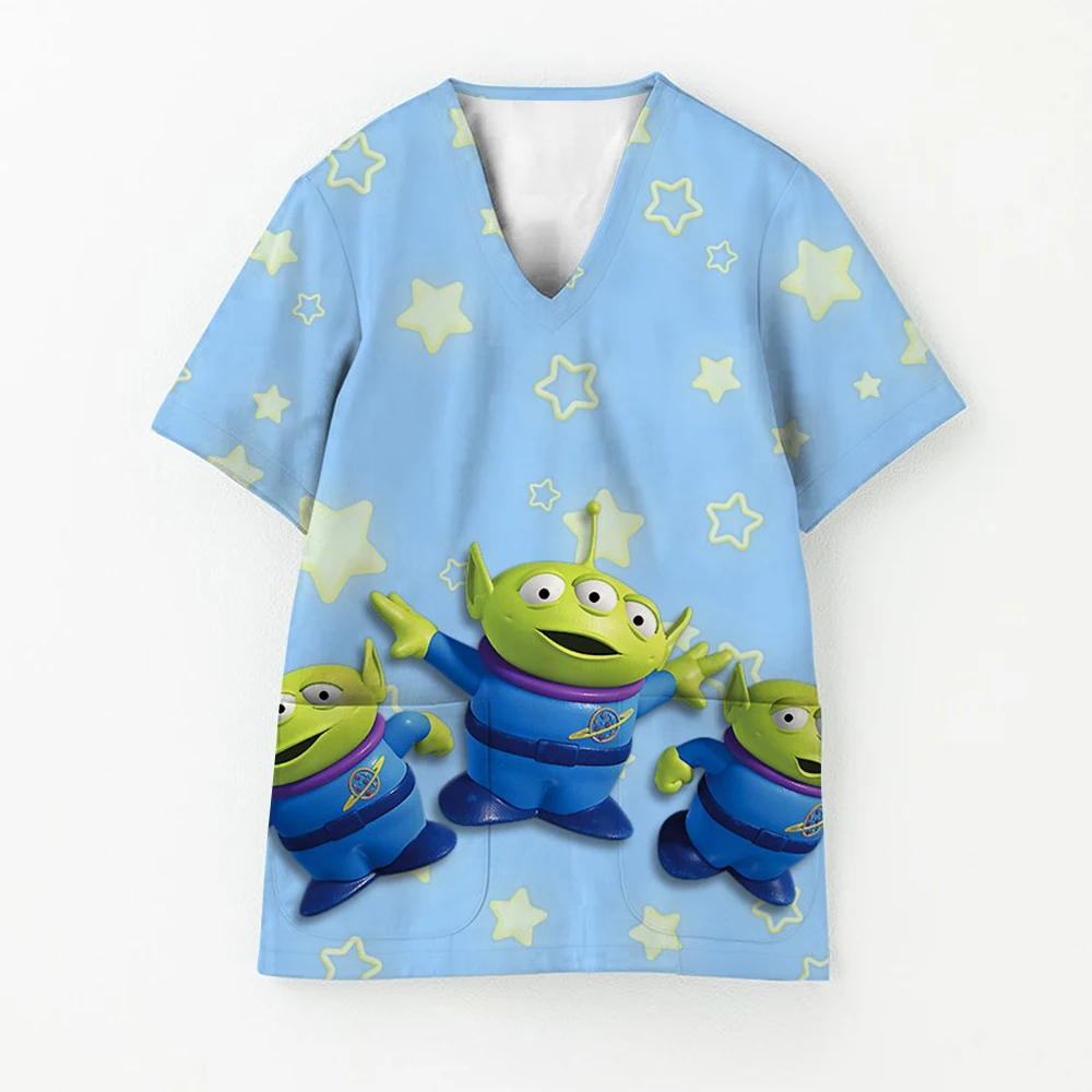 

Disney brand Women's Surgical Scrubs Summer Cartoon Pattern Print Spa V-Neck Nurse Scrubs Fashions Vet Nurse Clothes Woman Unifo