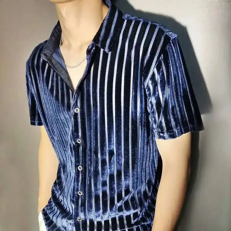 

High Quality Shirt Trendy Transparent Blue Stripe Shirt Men Sexy Velvet Shirt Men Short Sleeve Clothing See Through Social Club
