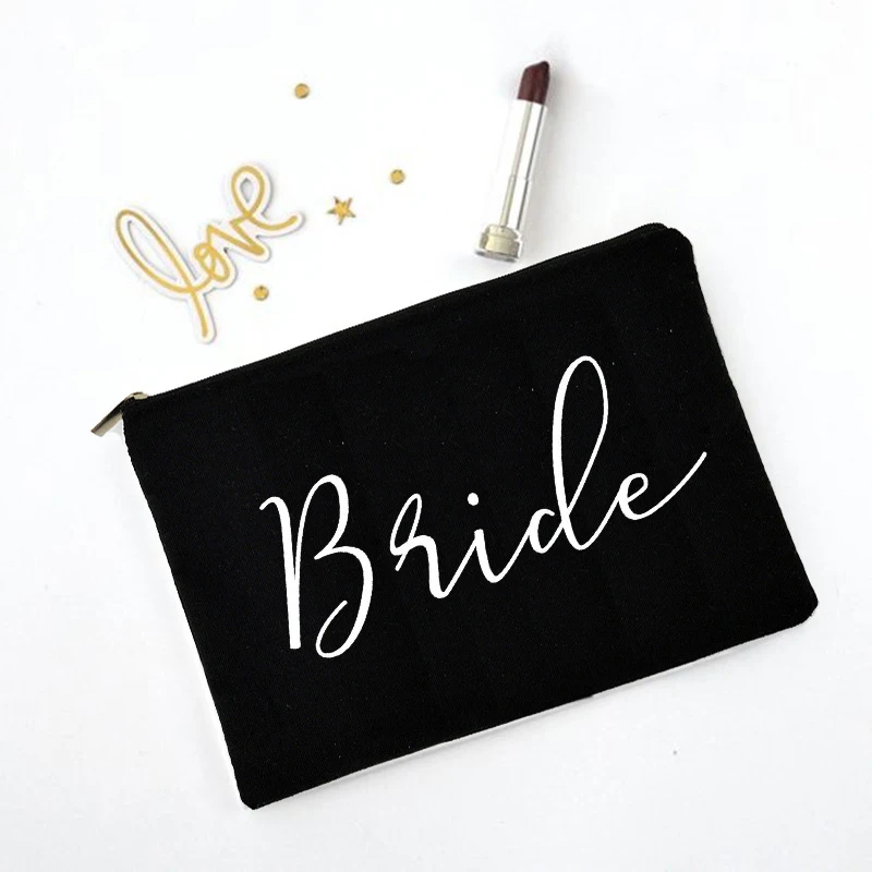 Simple Bride Printed Women  Black Zipper Makeup Pouch Lipstick Makeup Brush Bag Large Capacity Portable Cleaning Bag for Wedding