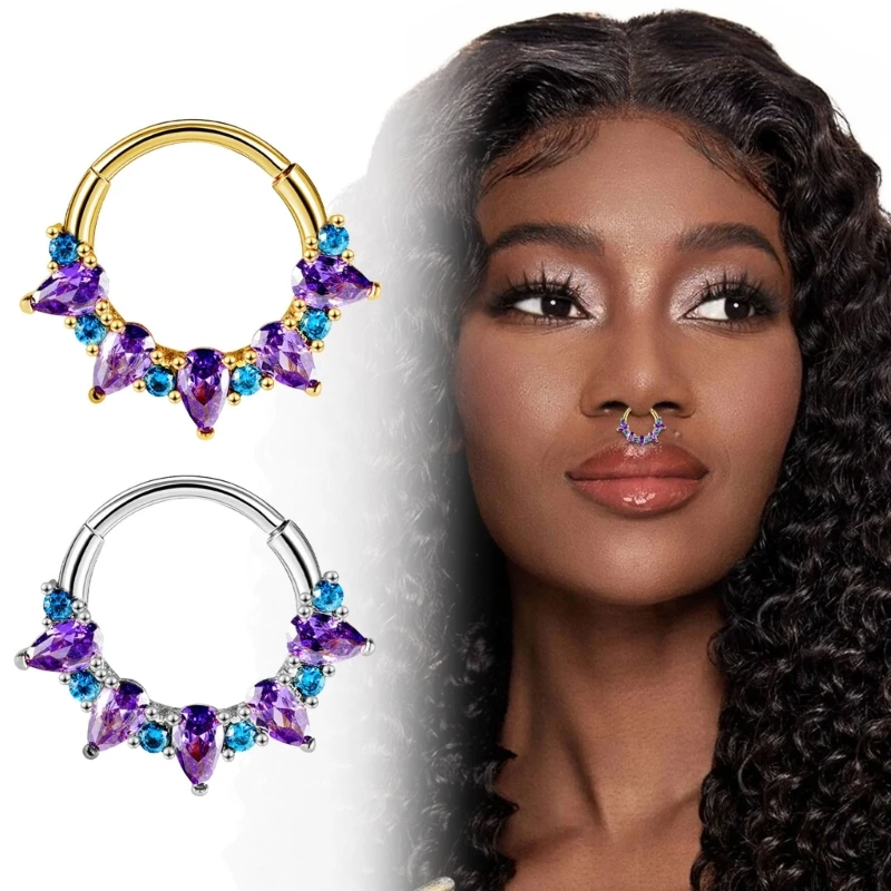 Elegant Amethyst Nose Rings with Gold Tone Zirconia Inlay Fashion Jewelry Accessory for Sophisticated Styles