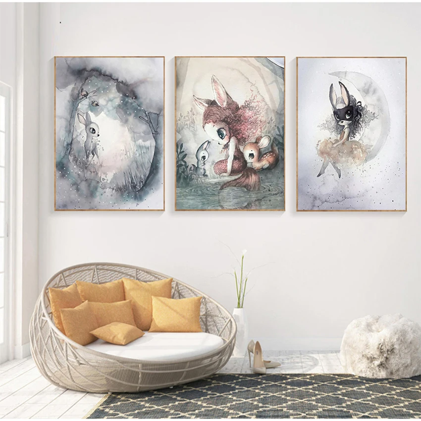 Picture Deer Rabbit Angle Wing Animal Abstract Sweet Living Room Home Decor Poster Print Nordic Canvas Painting Girl Bedoom Wall