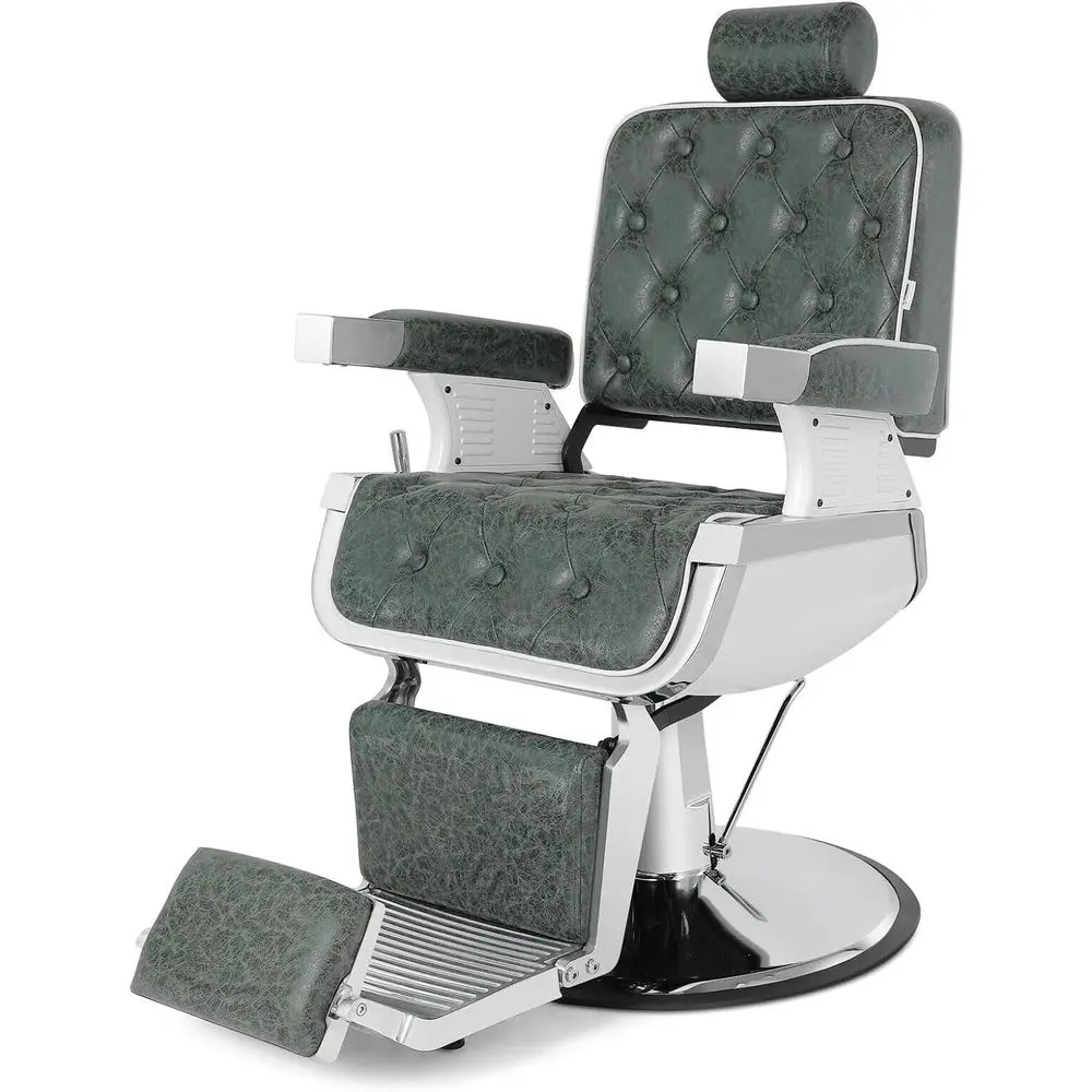 Sturdy Hydraulic Reclining Salon Chair in Green with PU Leather and Round Base