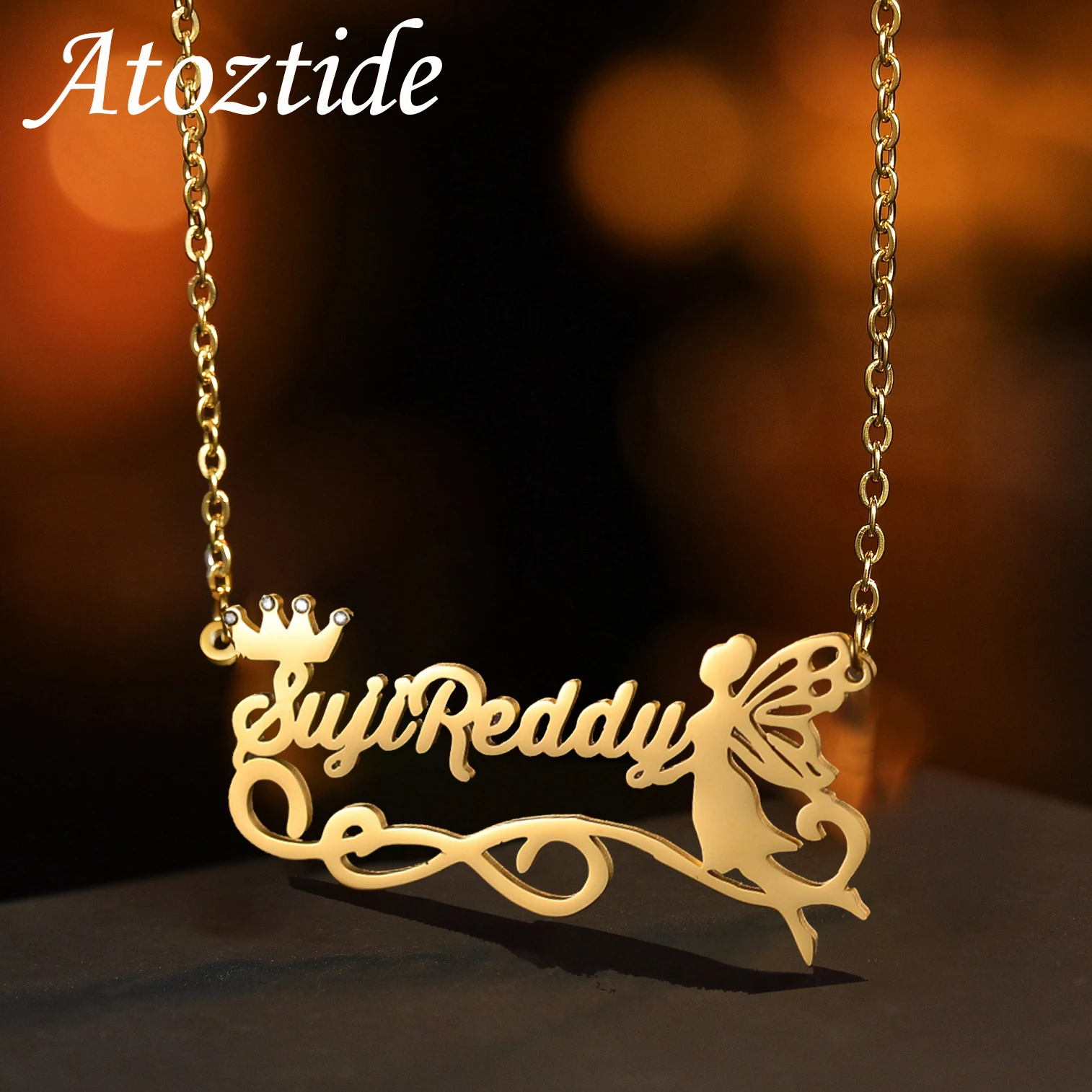 Atoztide Personalized Custom Name Necklace Zircon Crown Fairy Pendant Stainless Steel for Women Men Link Chain Jewelry Gift