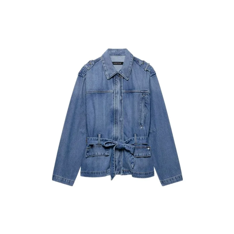 Spring 2025 Women's Faion Commute Versatile Denim Jaet Coat with Belt Matching All Sles Loose Fit Regular Length