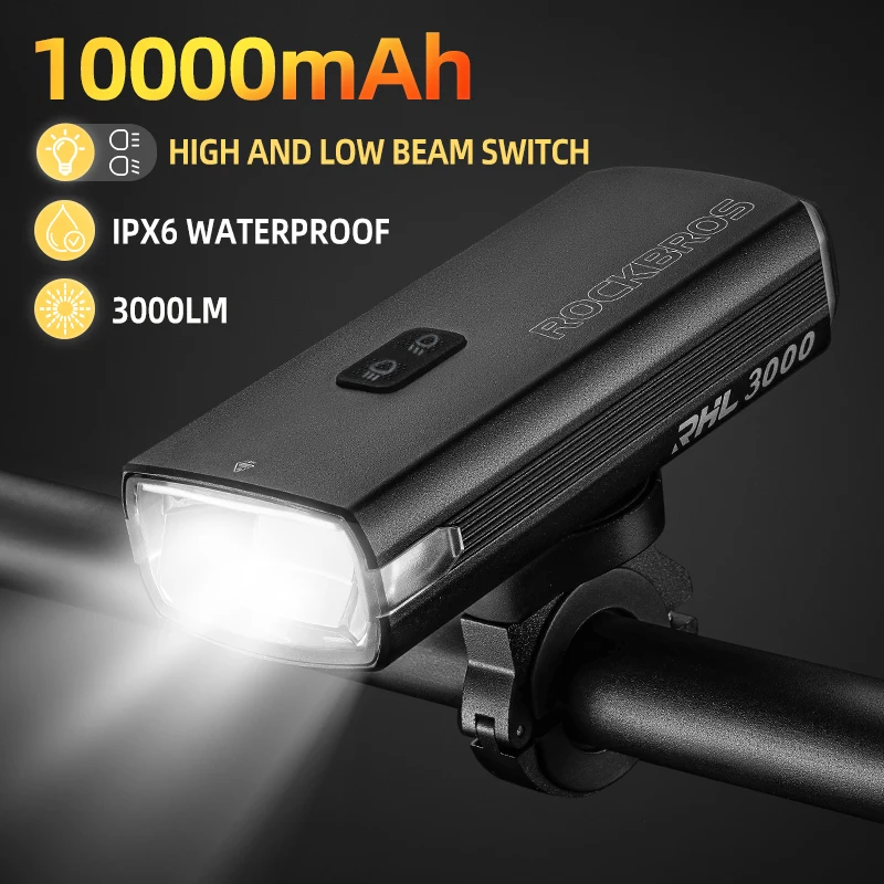 ROCKBROS Bike Light 3000LM 10000mAh Smart Bicycle Light Type-C Rechargeable Front Lamp  IPX6 Aluminum Alloy Cycling Flashlight