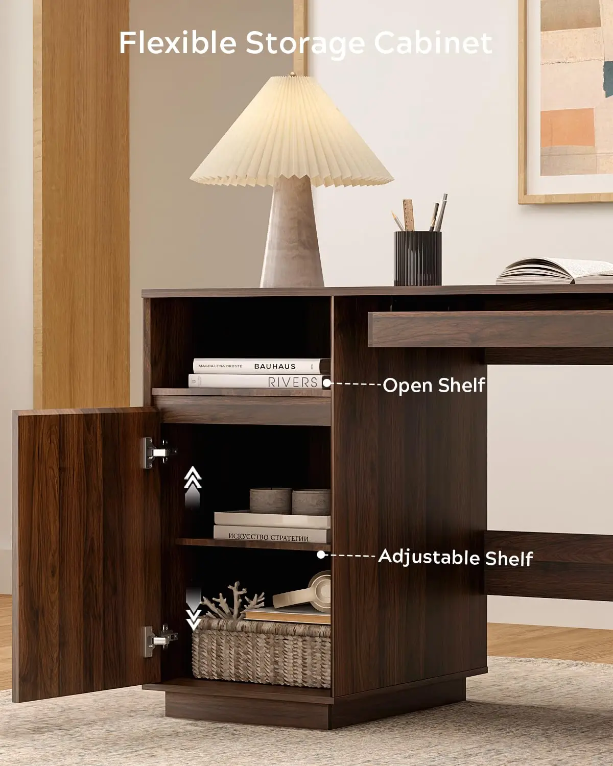 Farmhouse Executive Desk with File Drawer & Open Storage & Power Outlet, Wooden Computer Desk for Study Writing 59