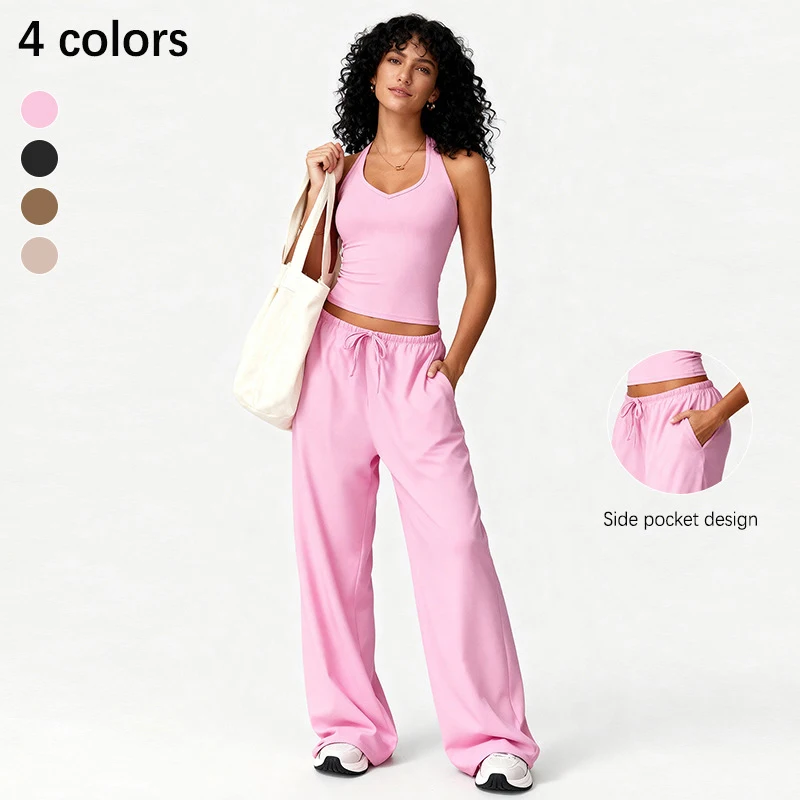 2PCS Elegant Solid Color Fitness Sports Clothes Women Quick-Drying Workout Suit Woman Loose Fit Gym Push Up Pilates Yoga Set