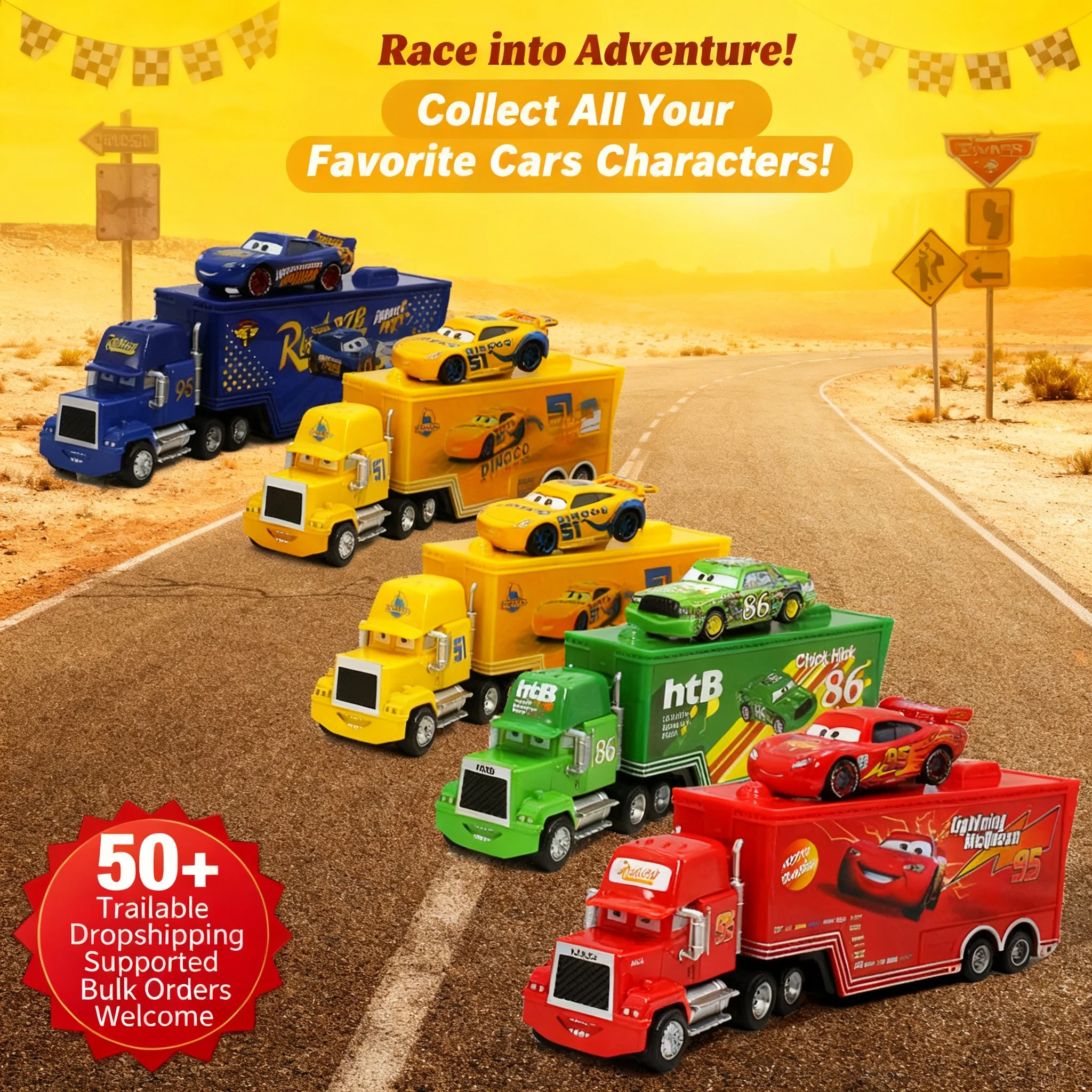 Cars Movie Mack Container Truck & Racer Car Set Alloy Die‑cast Vehicle Model Kids Toy Gift