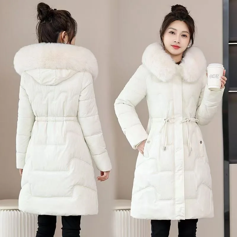Girls In Cotton-padded Coat Long Hooded Trend In Autumn And Winter Of 2024 Cotton-padded Jacket Slim Padded Warm Fur Collar Coat